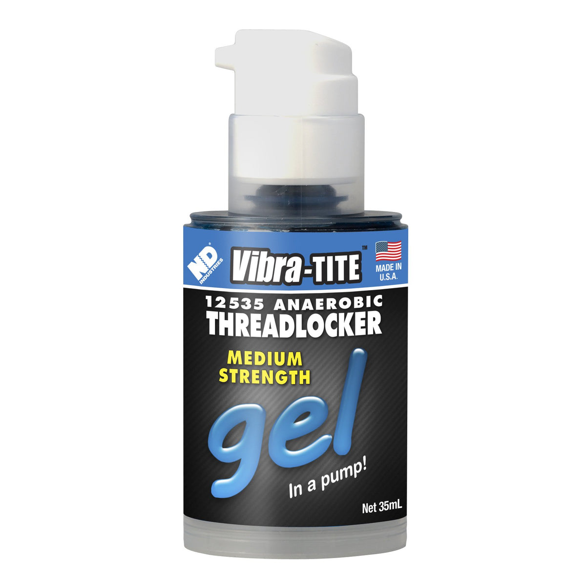 Vibra-TITE 125 gel threadlocker blue pump bottle seals fasteners against loosening.