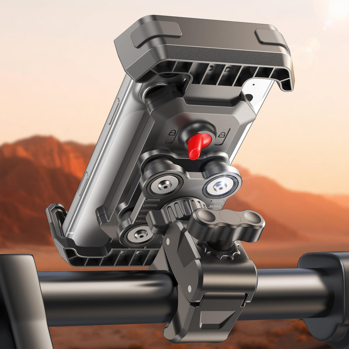 Viccux bike mount with heavy clamp for secure grip on rough roads.