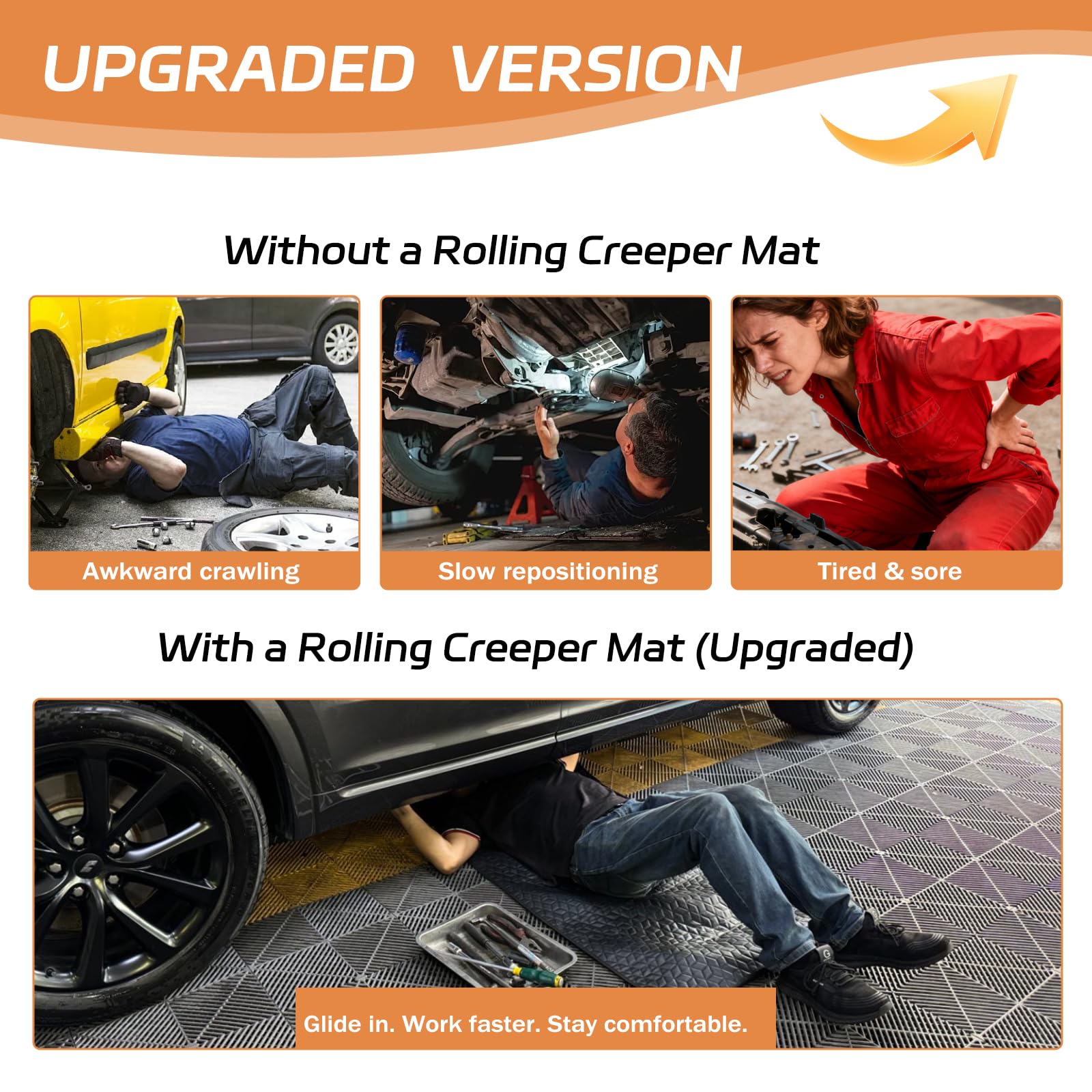 VICTORY DRIVE rolling creeper mat side profile showing low-friction base for easy under-car movement.