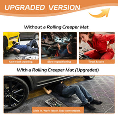 VICTORY DRIVE rolling creeper mat side profile showing low-friction base for easy under-car movement.