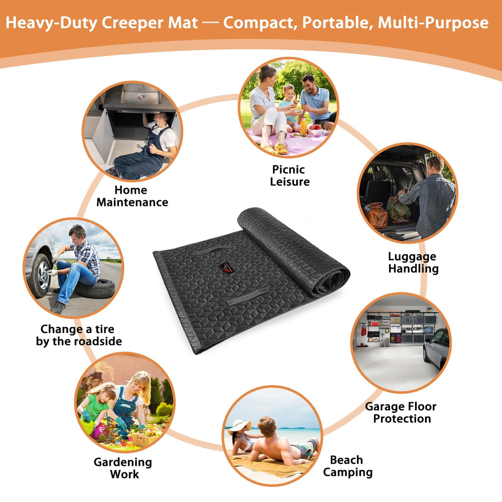 VICTORY DRIVE rolling creeper mat under-vehicle view illustrating full-body support in tight spaces.