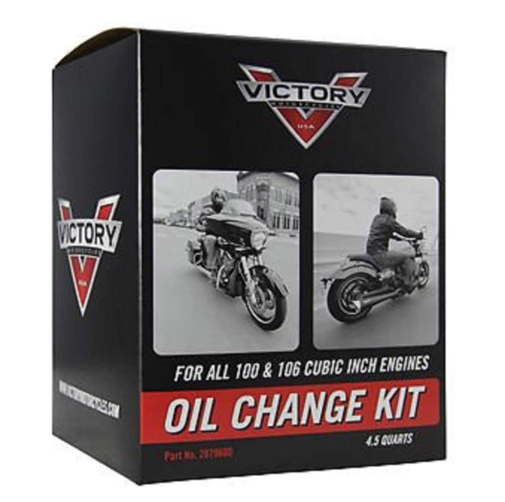 Victory Motorcycles oil change kit 2879600 packaging shown for easy maintenance.