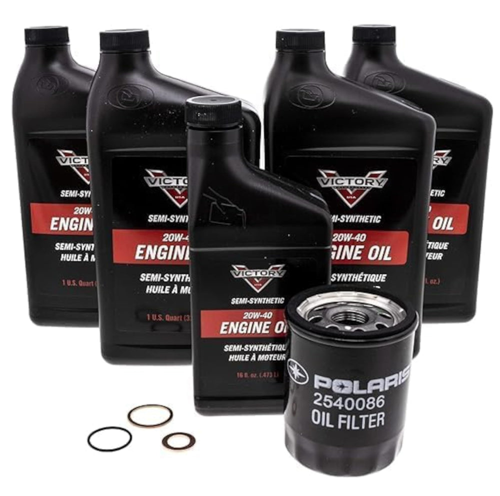 Victory Motorcycles semi-synthetic 20W-40 oil bottle highlights high-performance engine protection.