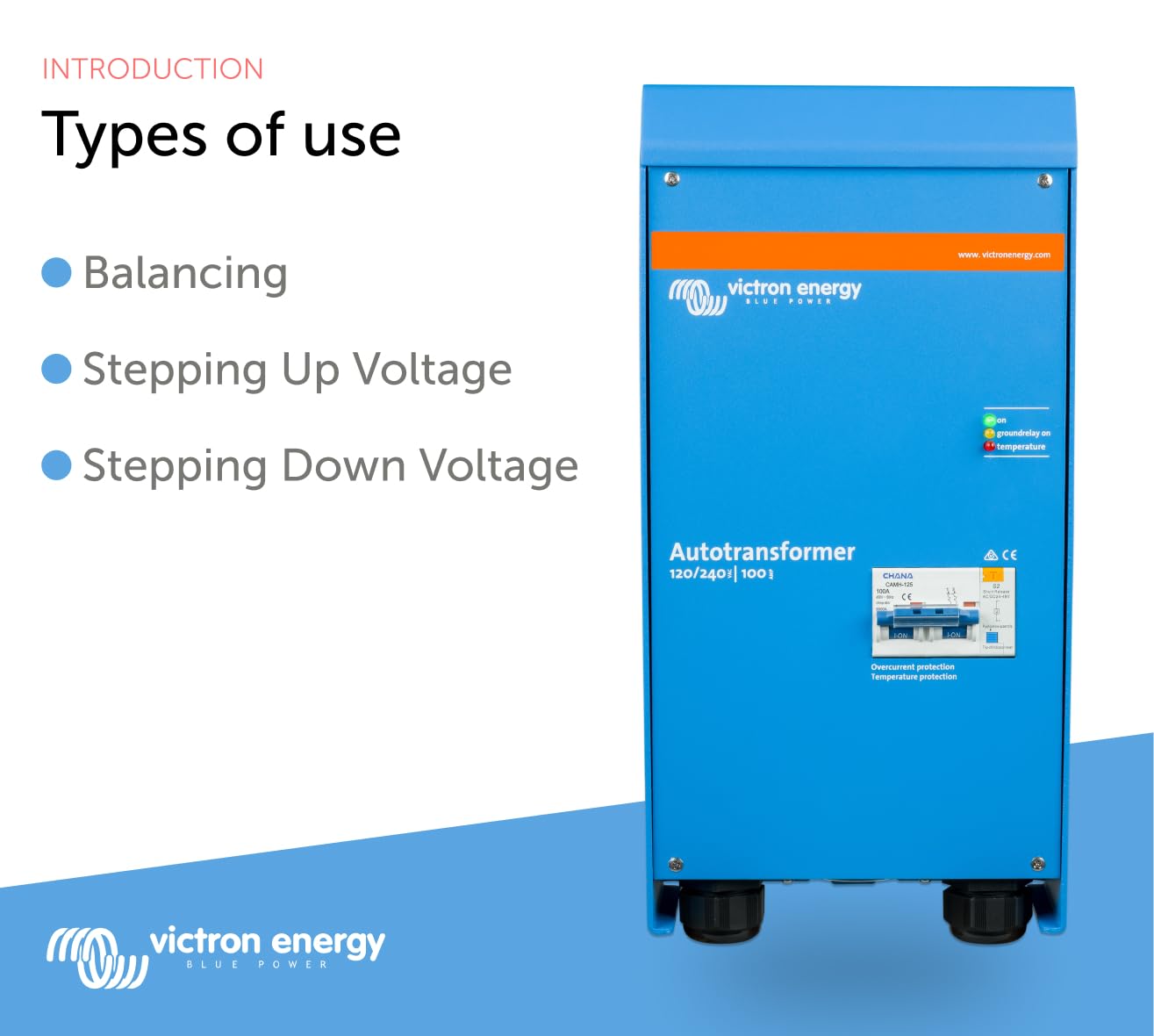 Victron Energy autotransformer in use with compatible inverter system illustrating split phase setup