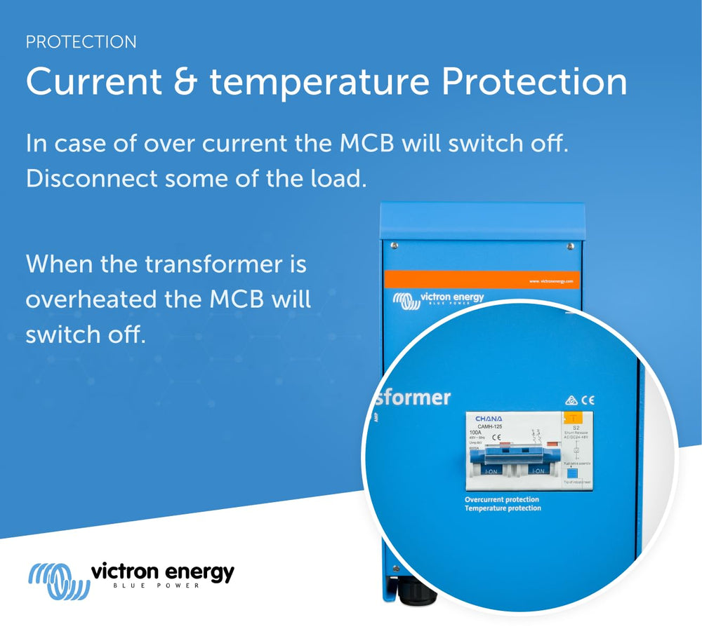 Victron Energy autotransformer depicted in installation with 240V input and balanced outputs