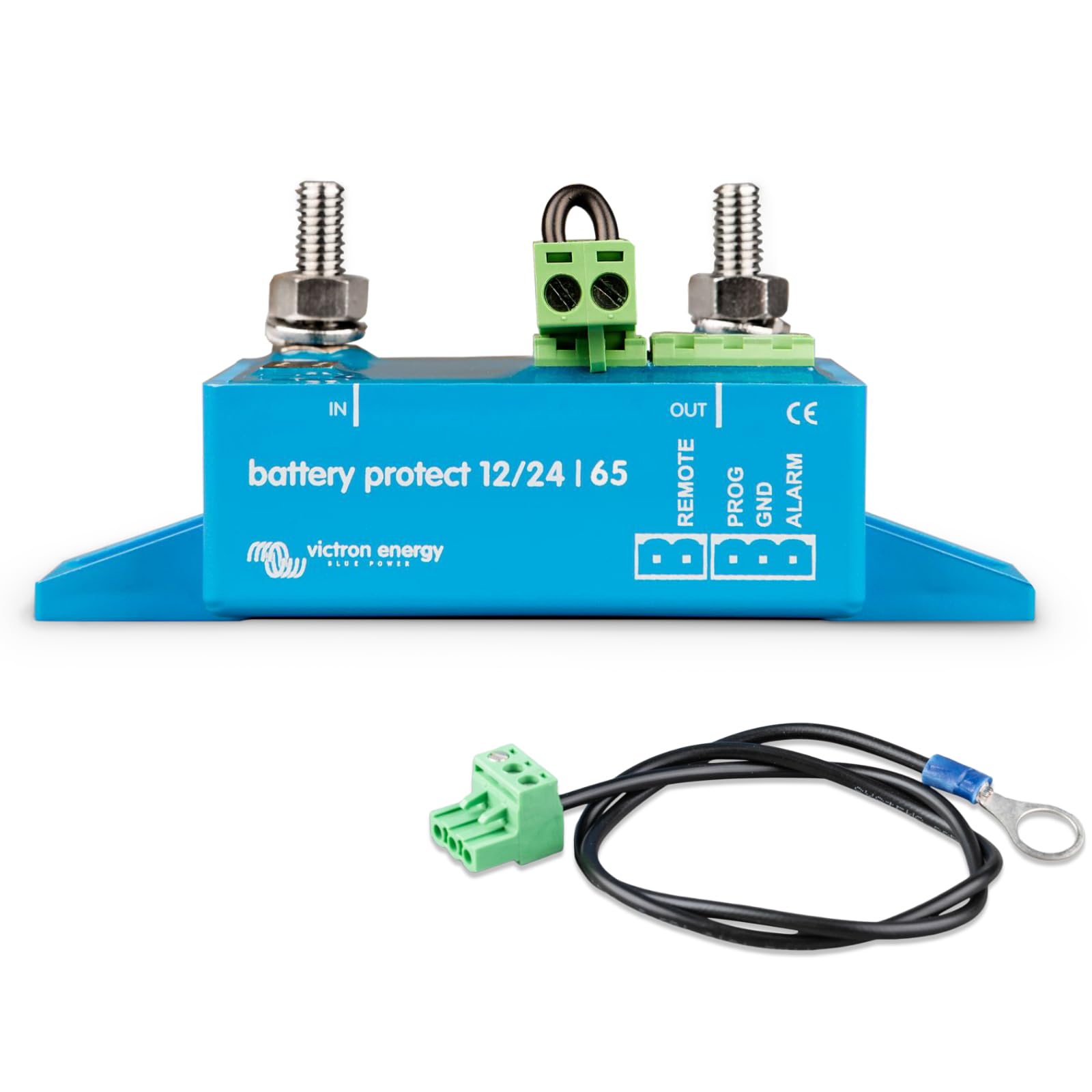 Victron Energy BatteryProtect 12/24V 65A unit features a display showing the voltage setting.