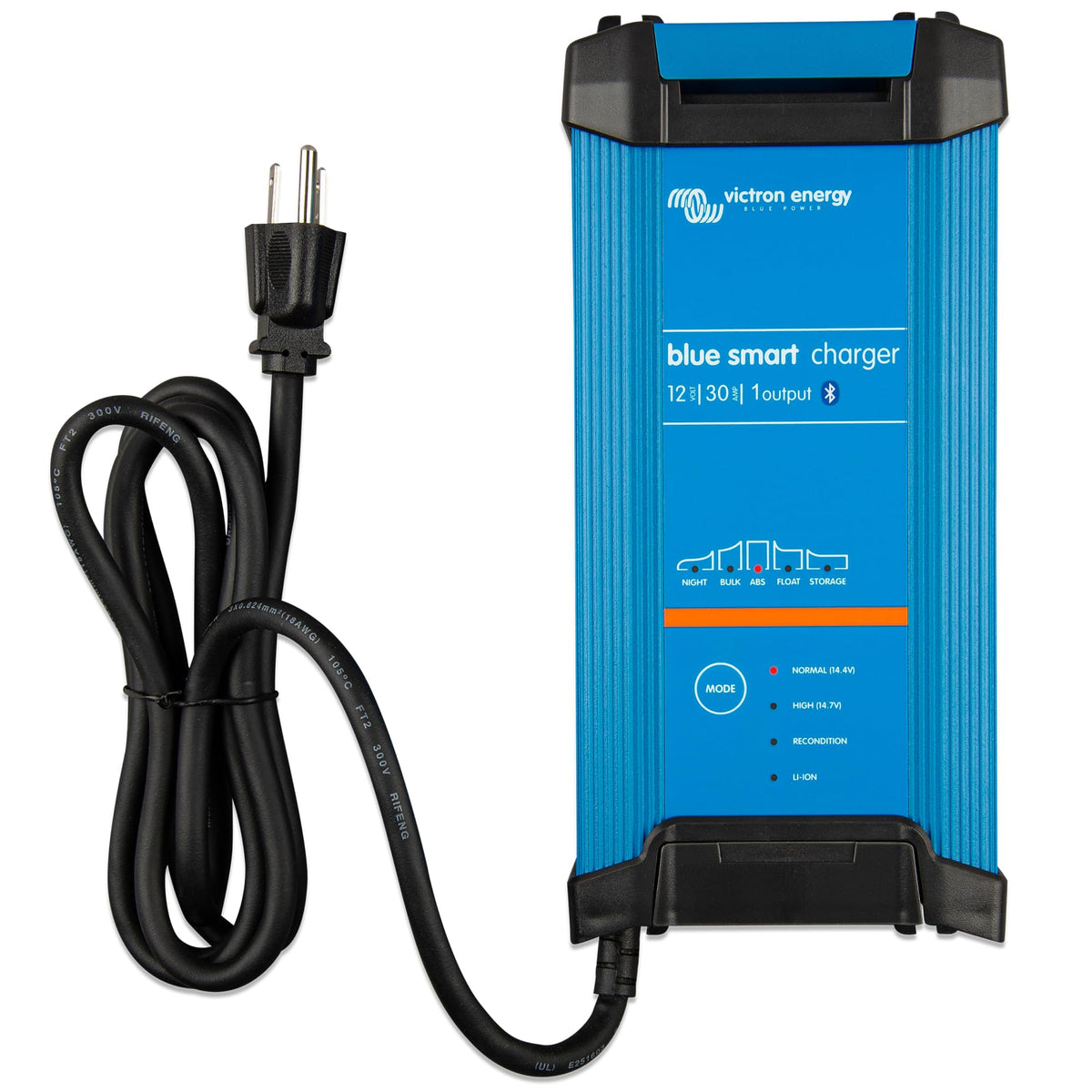 Victron Energy Blue Smart IP22 battery charger front view showing compact 12V charging for vehicles.