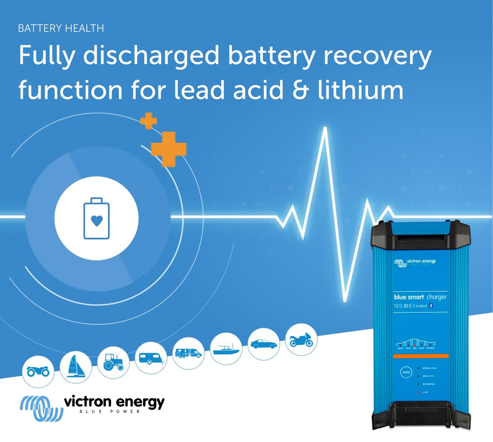 Victron Energy Blue Smart IP22 battery charger side panel detail for rugged enclosure.