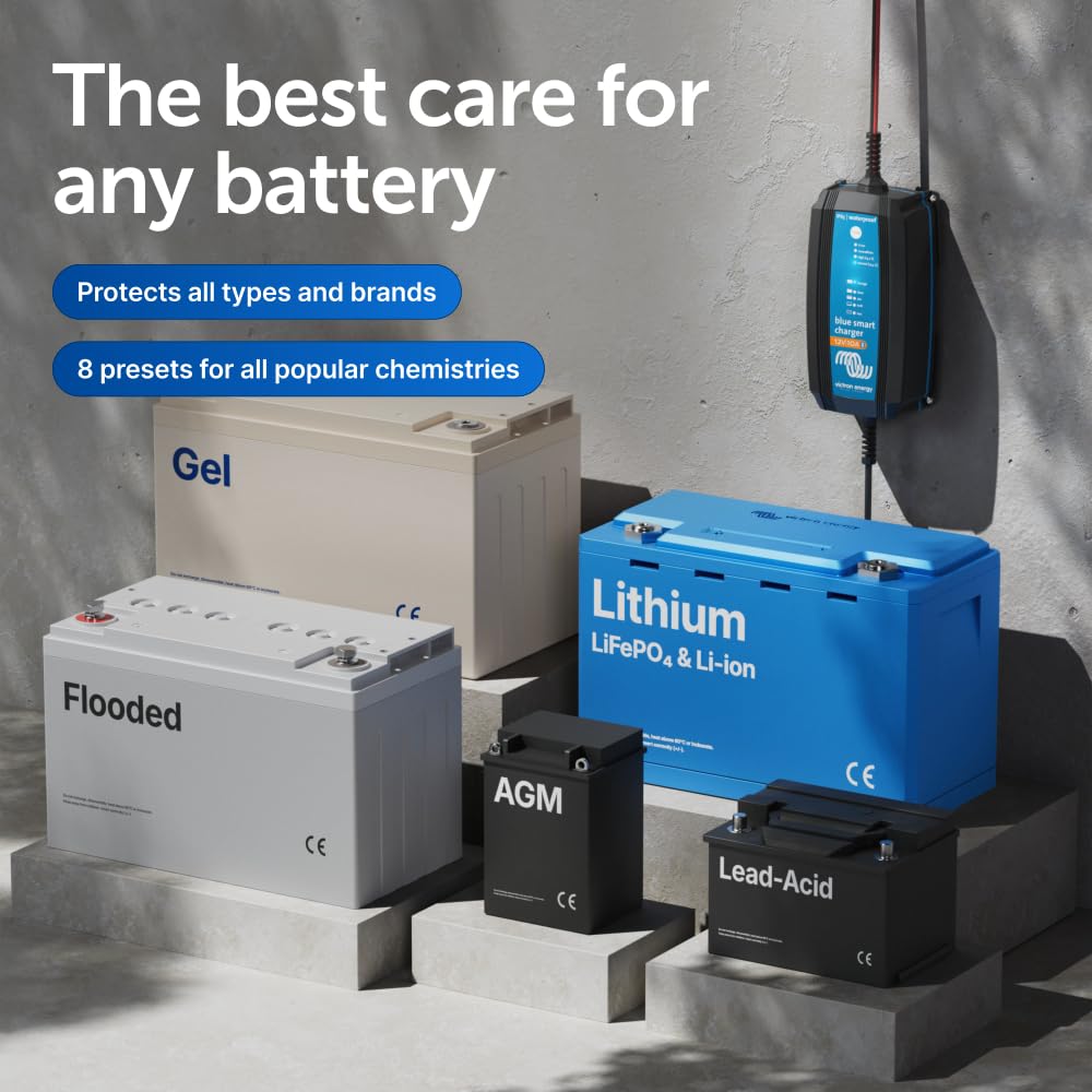 Victron Energy Blue Smart IP65 charger with Bluetooth app monitoring.