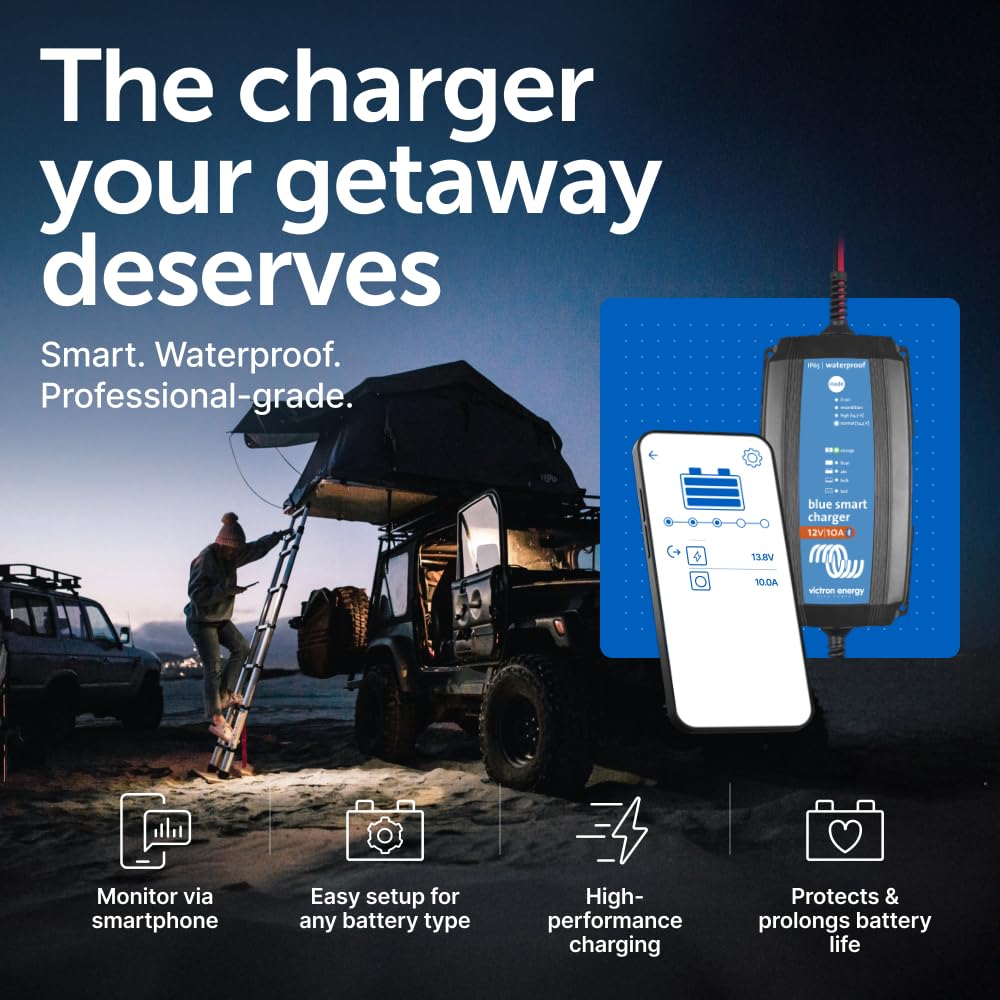 Victron Energy Blue Smart IP65 charger side view, space-saving design.