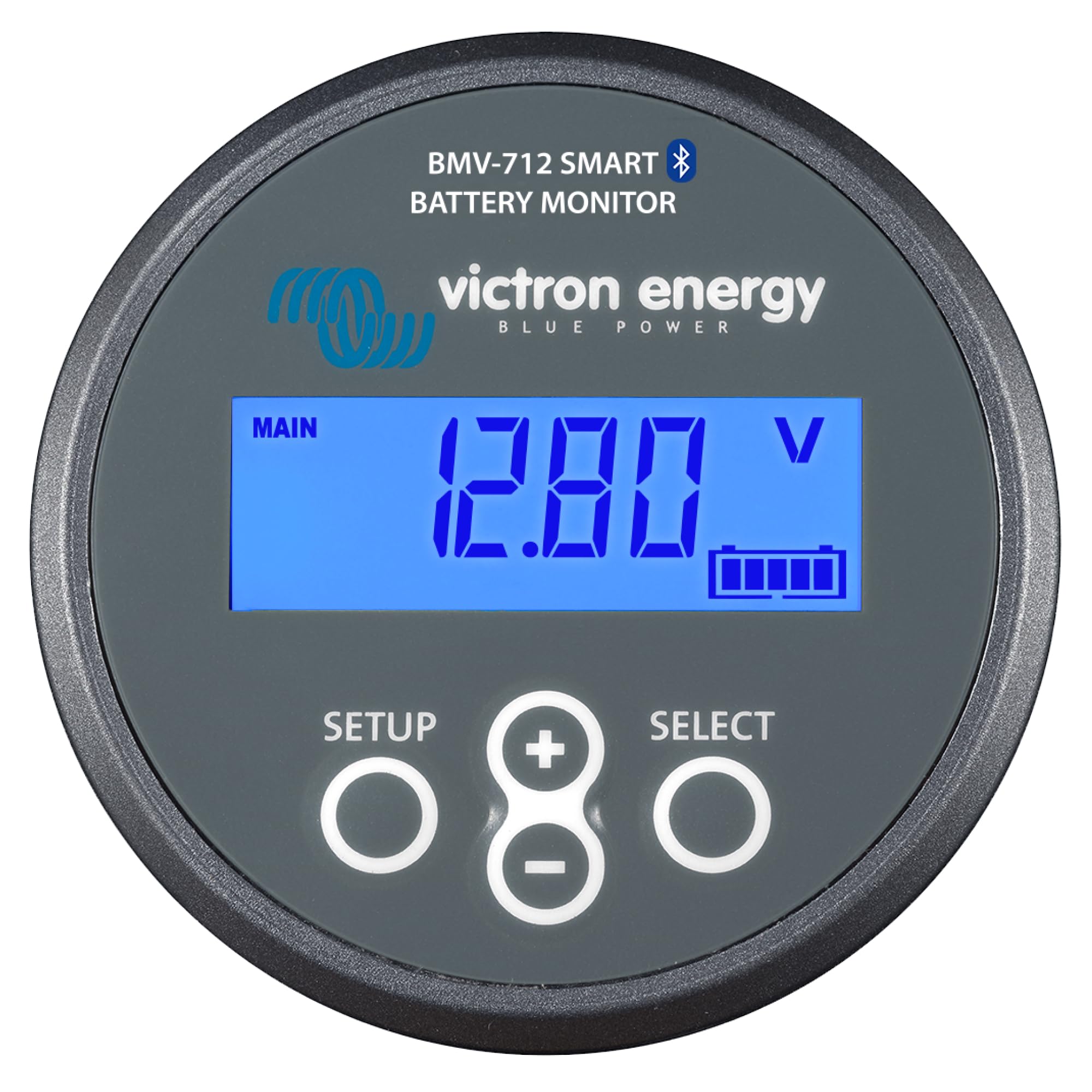 Victron Energy BMV-712 display close-up showing real-time charge and readings.