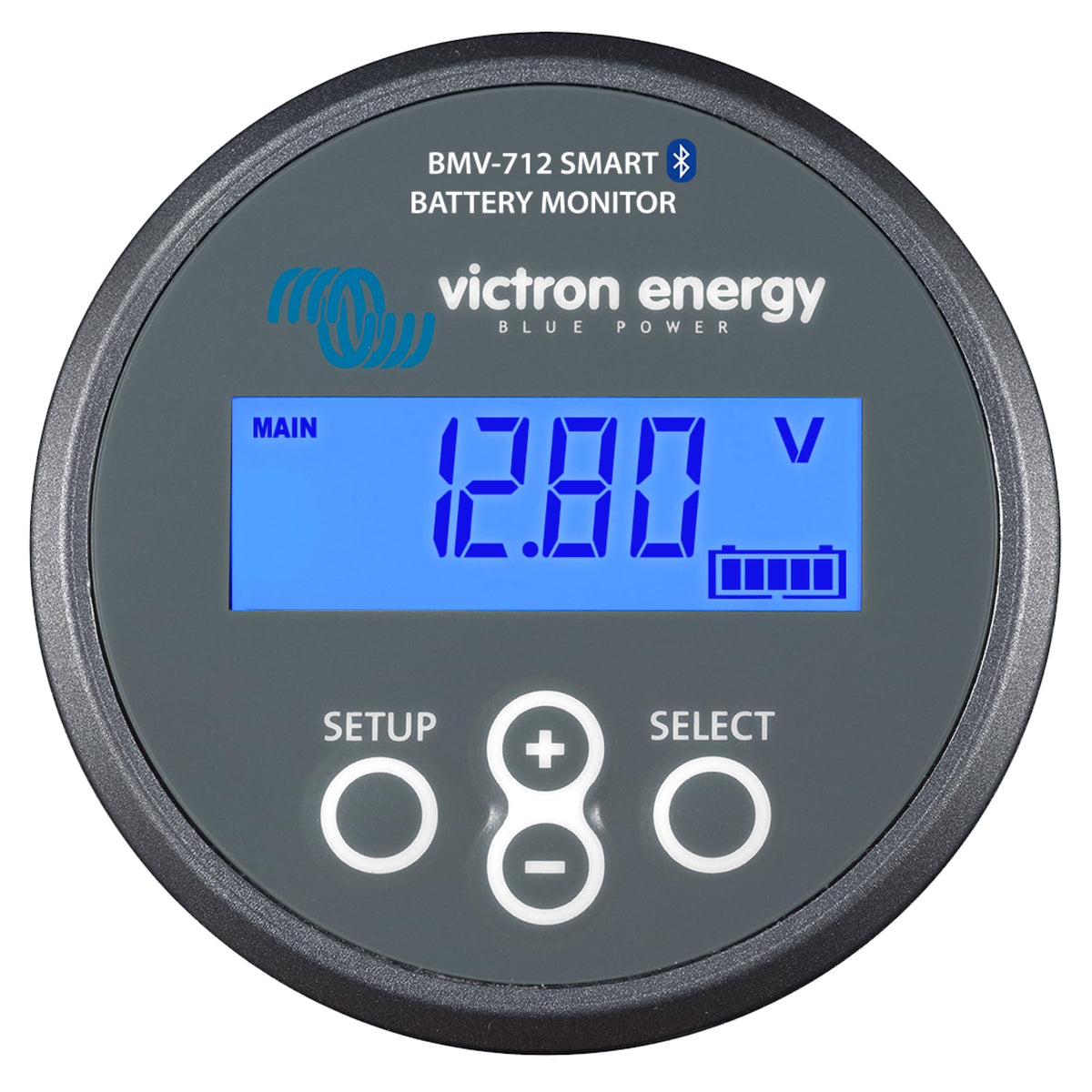 Victron Energy BMV-712 display close-up showing real-time charge and readings.