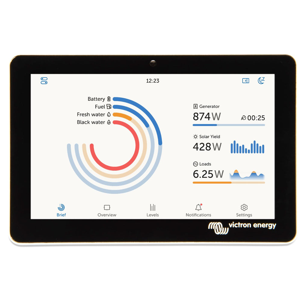 Victron Energy GX Touch 50 display front view for easy system monitoring.