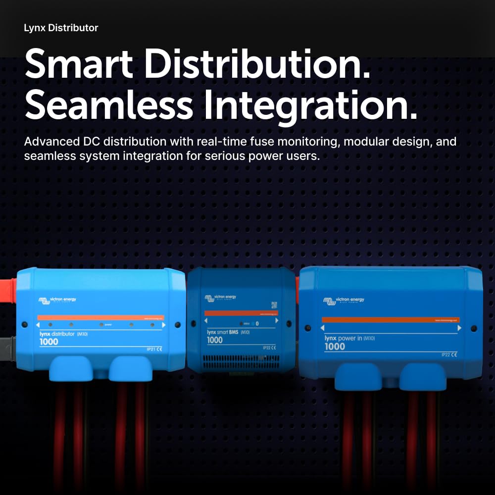 Victron Energy Lynx Distributor side view highlights accessible fuse spaces for modular protection.