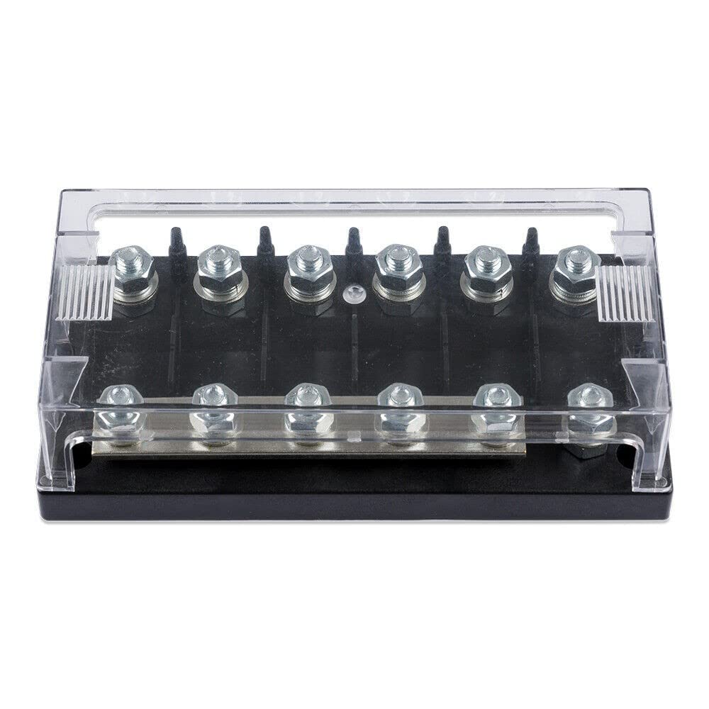 Victron Energy mega fuse six-way holder installed in a clean power distribution panel for organized wiring