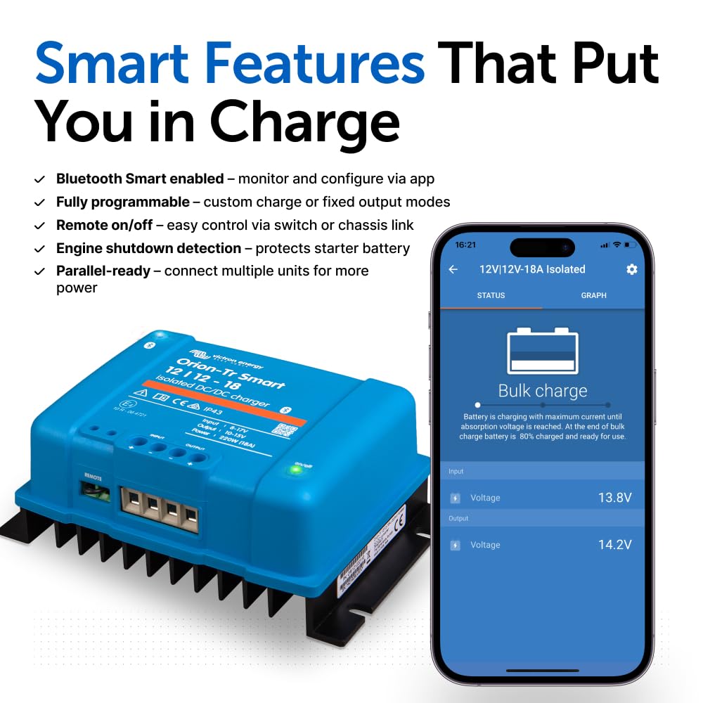 Victron Energy Orion-Tr Bluetooth-connected status view enables remote battery monitoring.