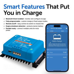 Victron Energy Orion-Tr Bluetooth-connected status view enables remote battery monitoring.