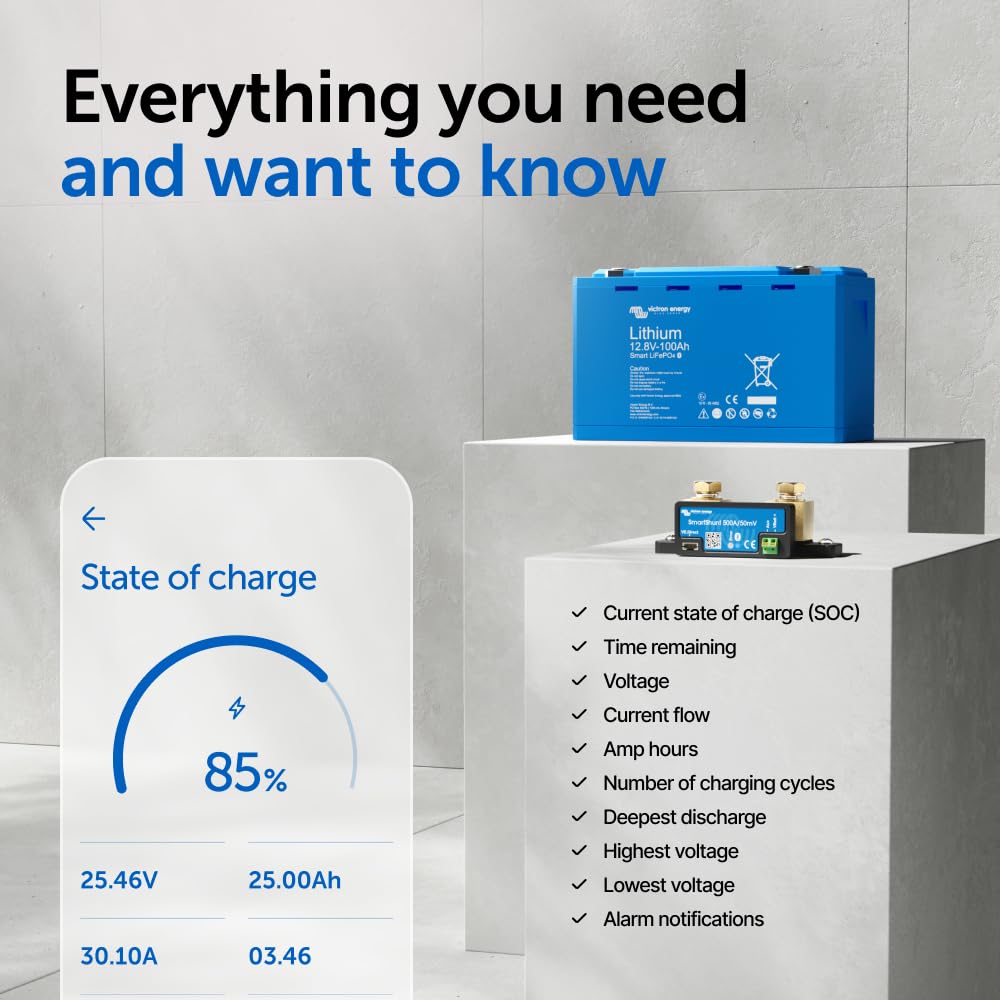 Victron Energy Smart Shunt detailed readouts on screen for quick monitoring.