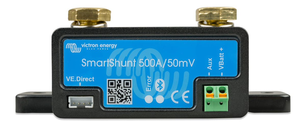 Victron Energy Smart Shunt front view shows real-time battery status.