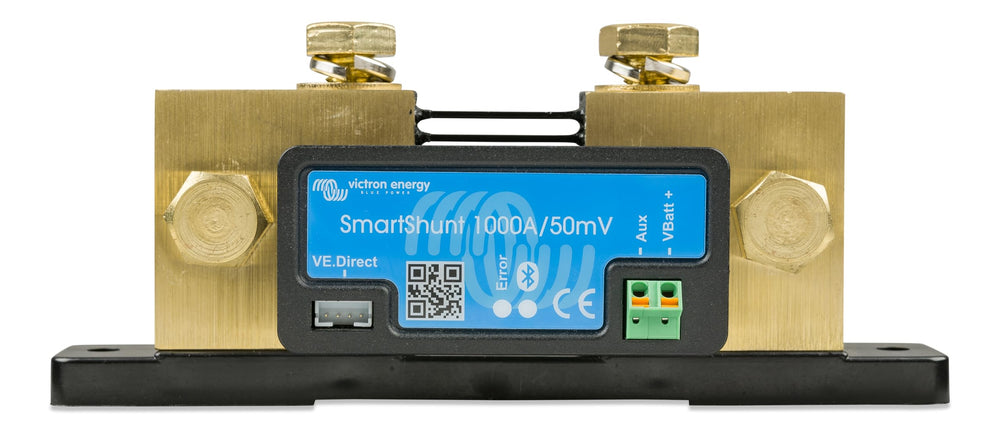 Victron Energy SmartShunt monitor device displaying live battery data for quick checks.