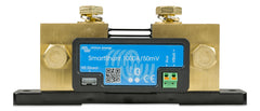 Victron Energy SmartShunt monitor device displaying live battery data for quick checks.