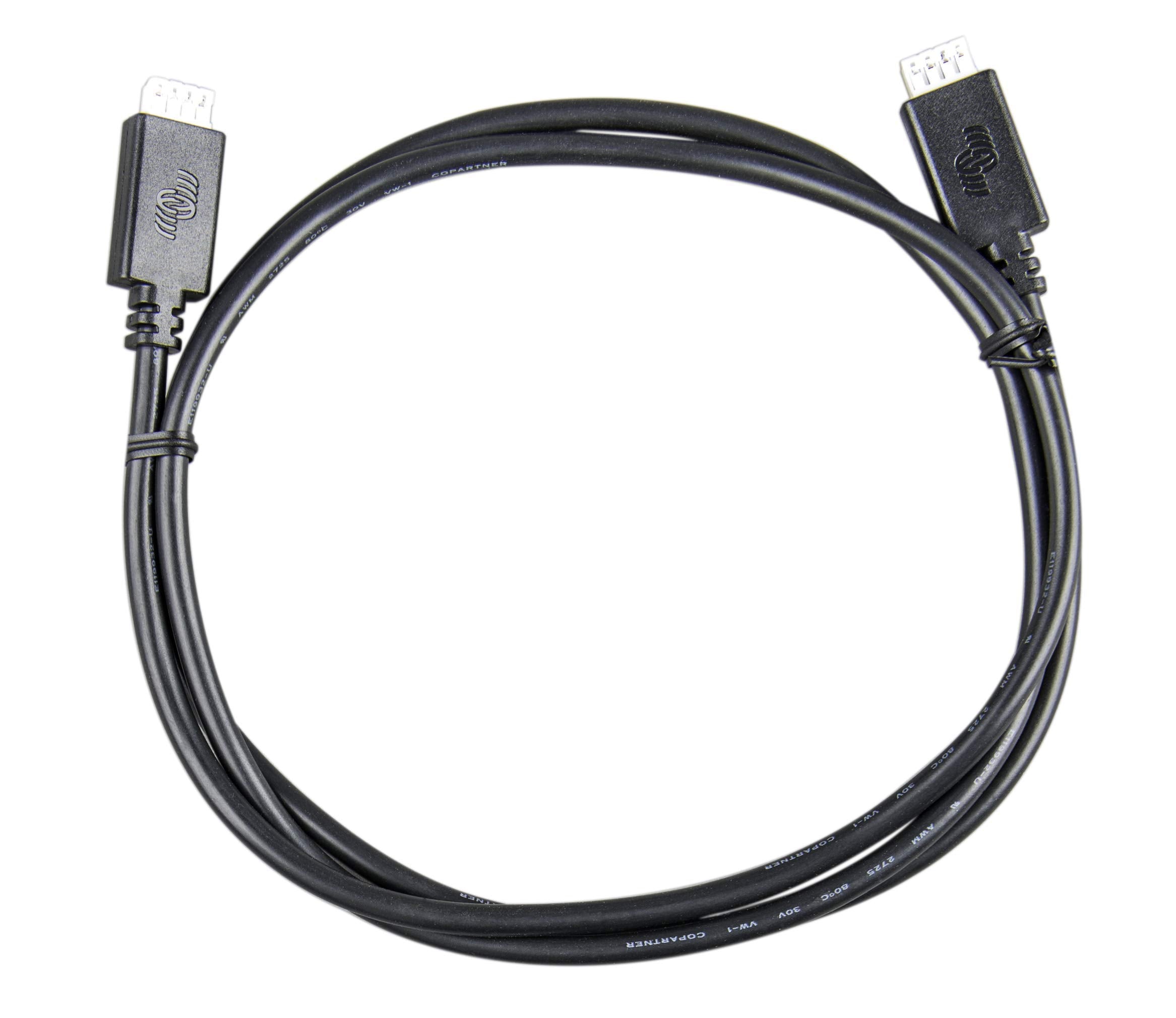 Victron Energy VE.Direct cable connecting two devices for streamlined monitoring and data sharing.