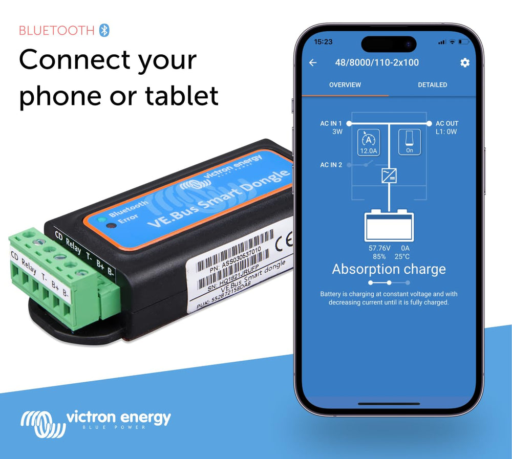 Victron Energy VE.Bus Smart Dongle connected to inverter/charger showing VictronConnect data