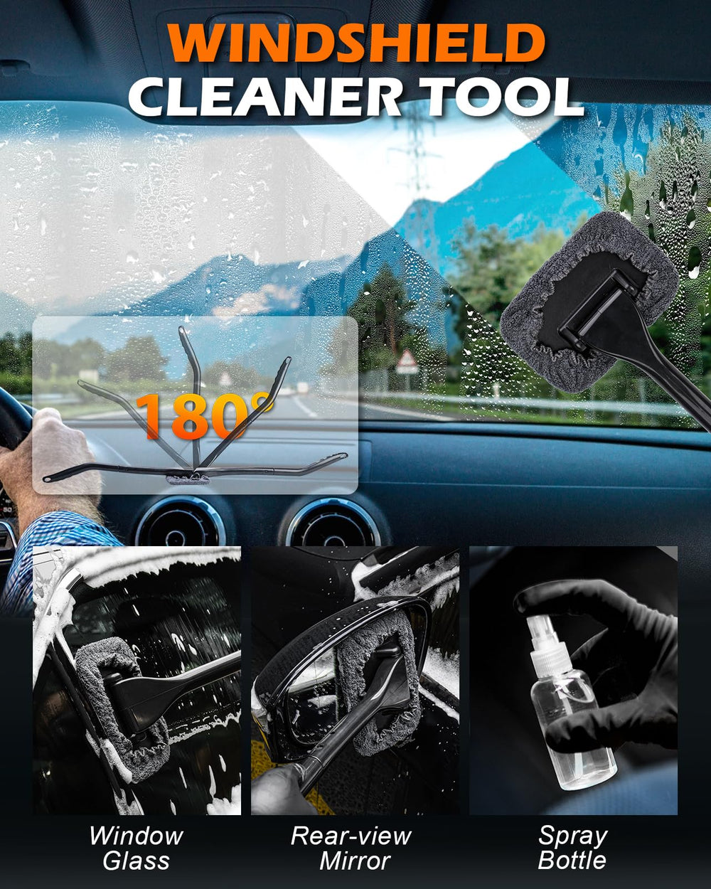 Viewmax rotating-head windshield cleaner reaches curved glass for full contact.