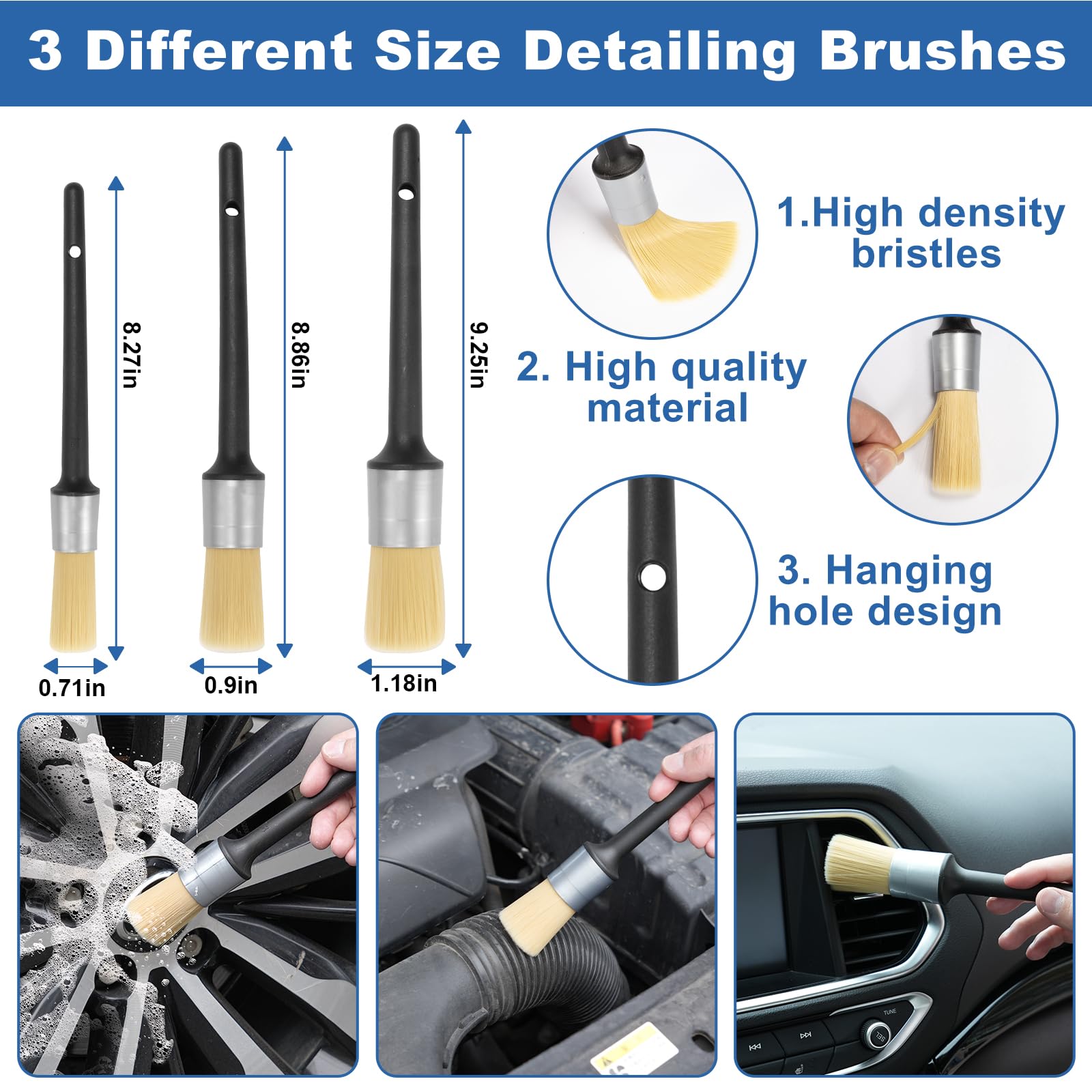 Viewsun detailing brushes in three sizes for various surfaces