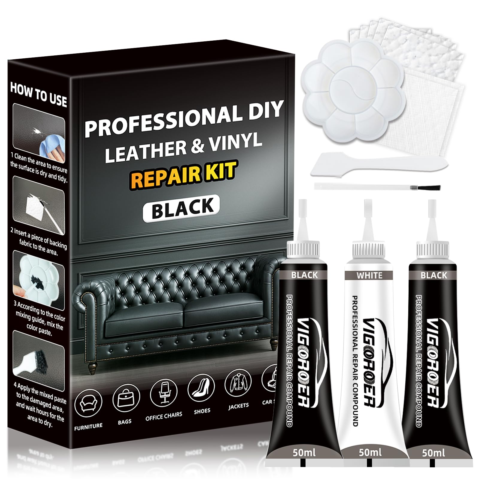 Vigorder black leather repair kit package for quick, color-matched repairs.