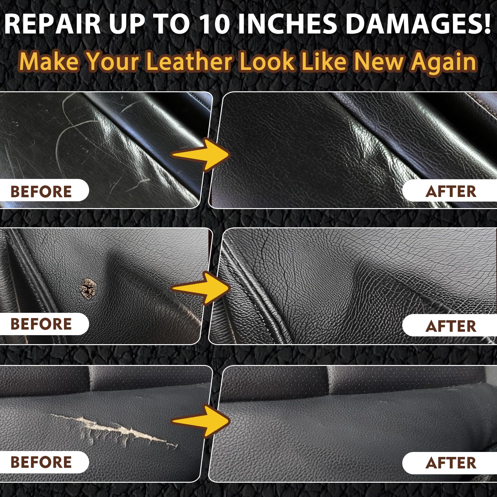 Vigorder repair application demonstrates fixing scratches and tears on black leather.