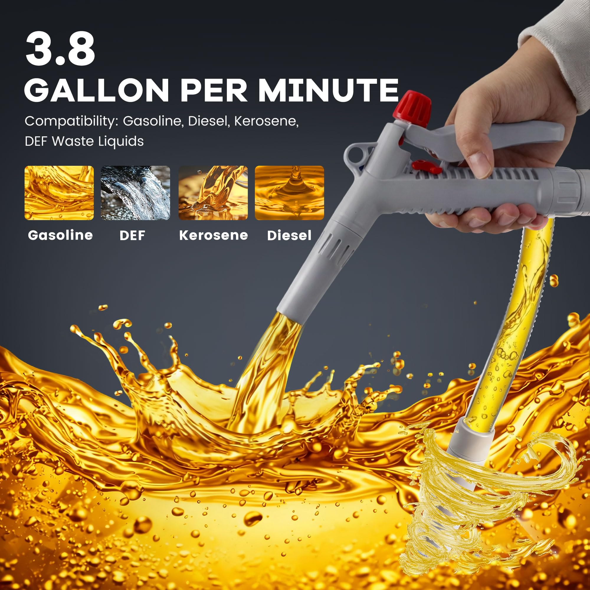 Vigorighter fuel pump showing 3.8 GPM flow rate in action