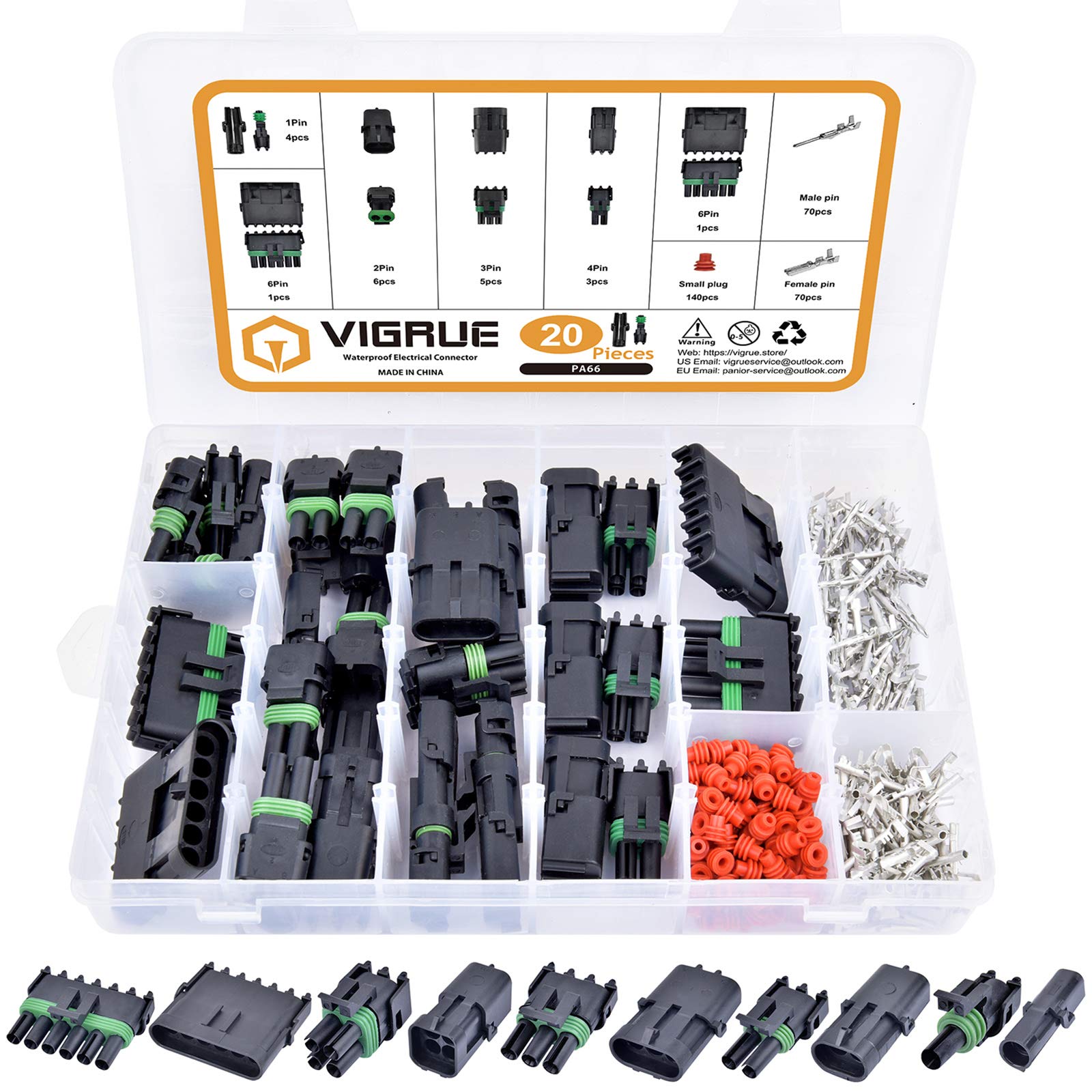 VIGRUE 20-set pin connectors kit for versatile, sealed automotive wiring connections
