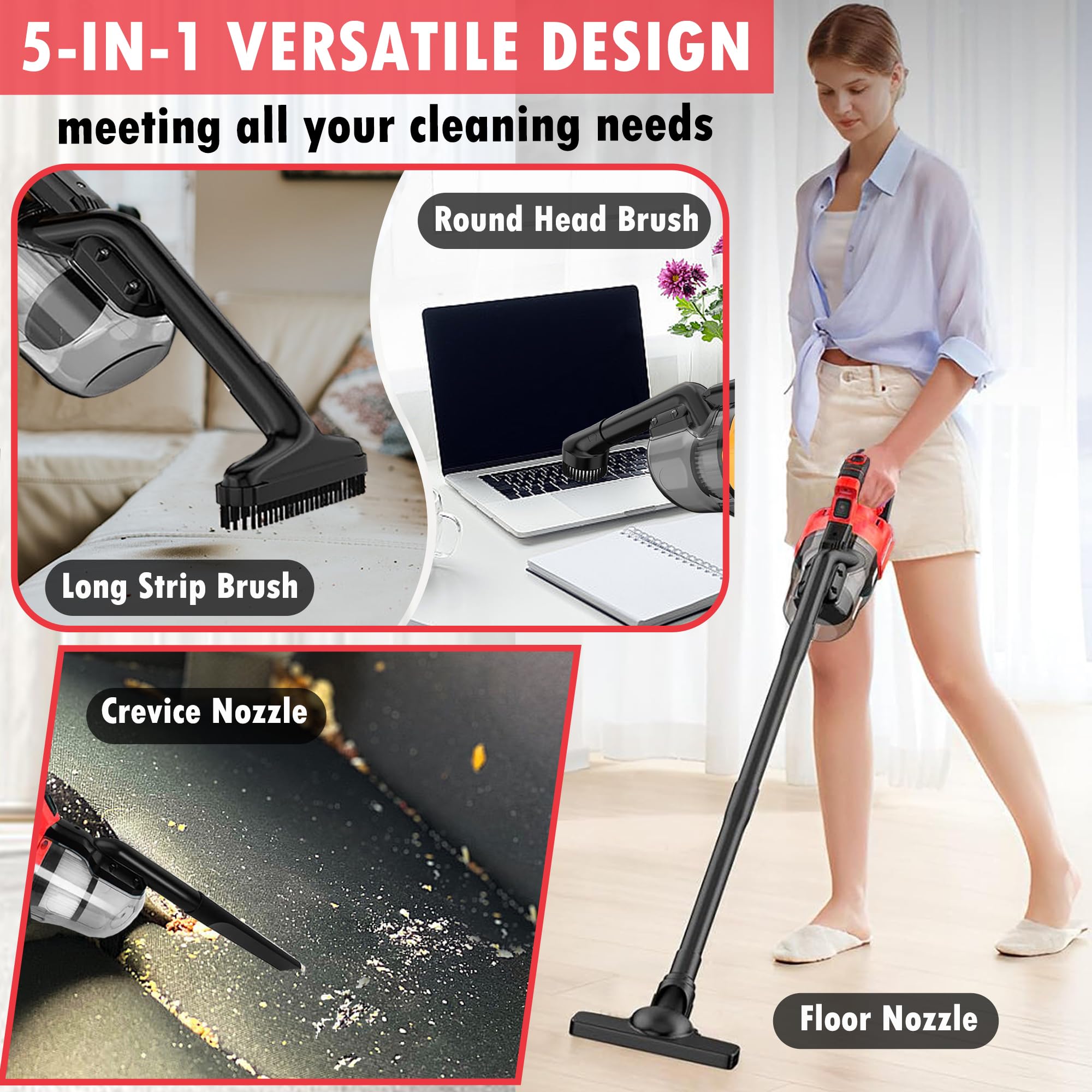 100AW suction captures dust and pet hair on various surfaces