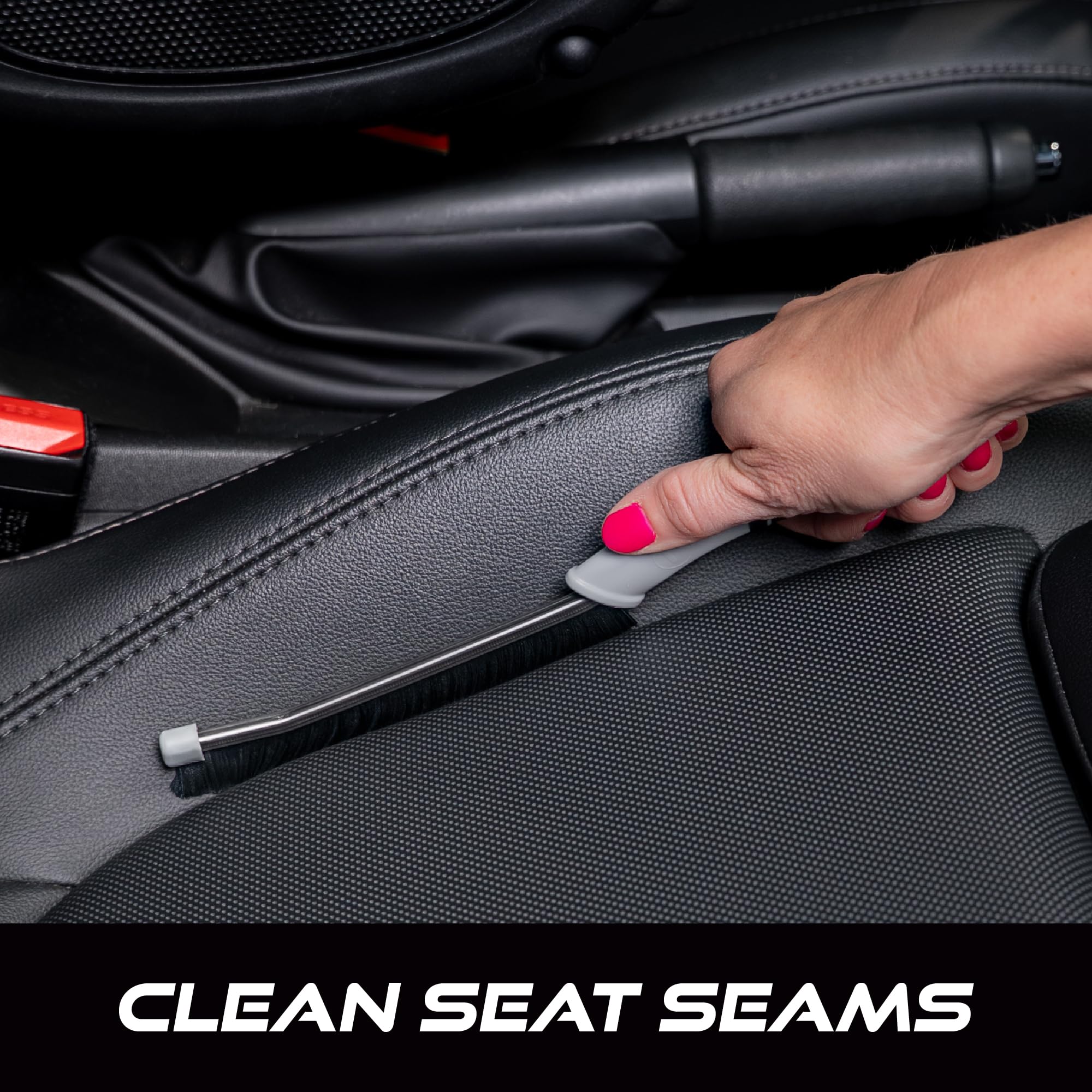 VIKING car detailing brush with medium bristles lifts dirt from seat seams.