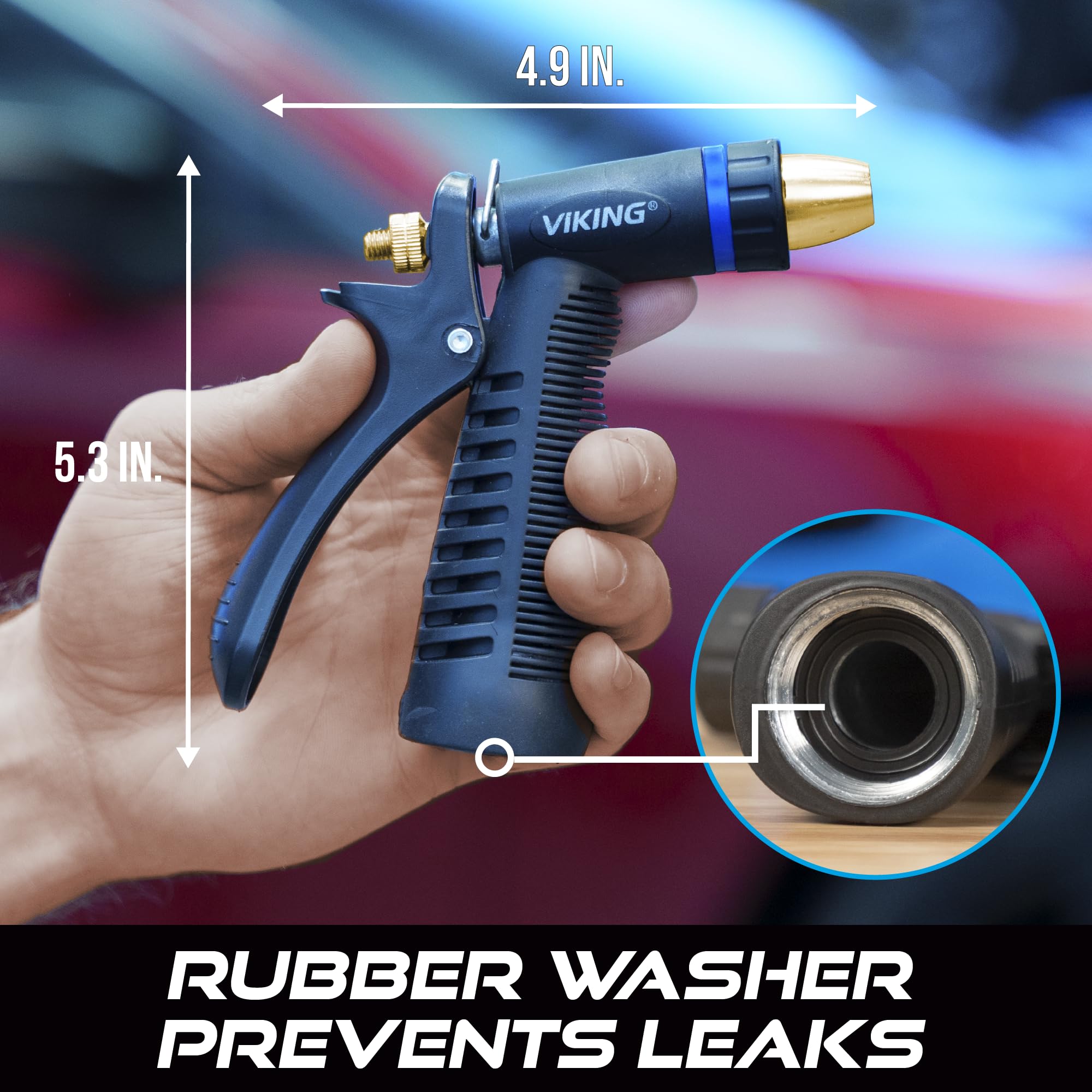 VIKING hose nozzle heavy-duty design delivers durable performance for car washing.