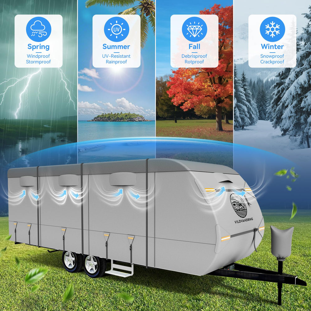 VildVandring travel trailer cover windproof straps stabilize the trailer in windy conditions