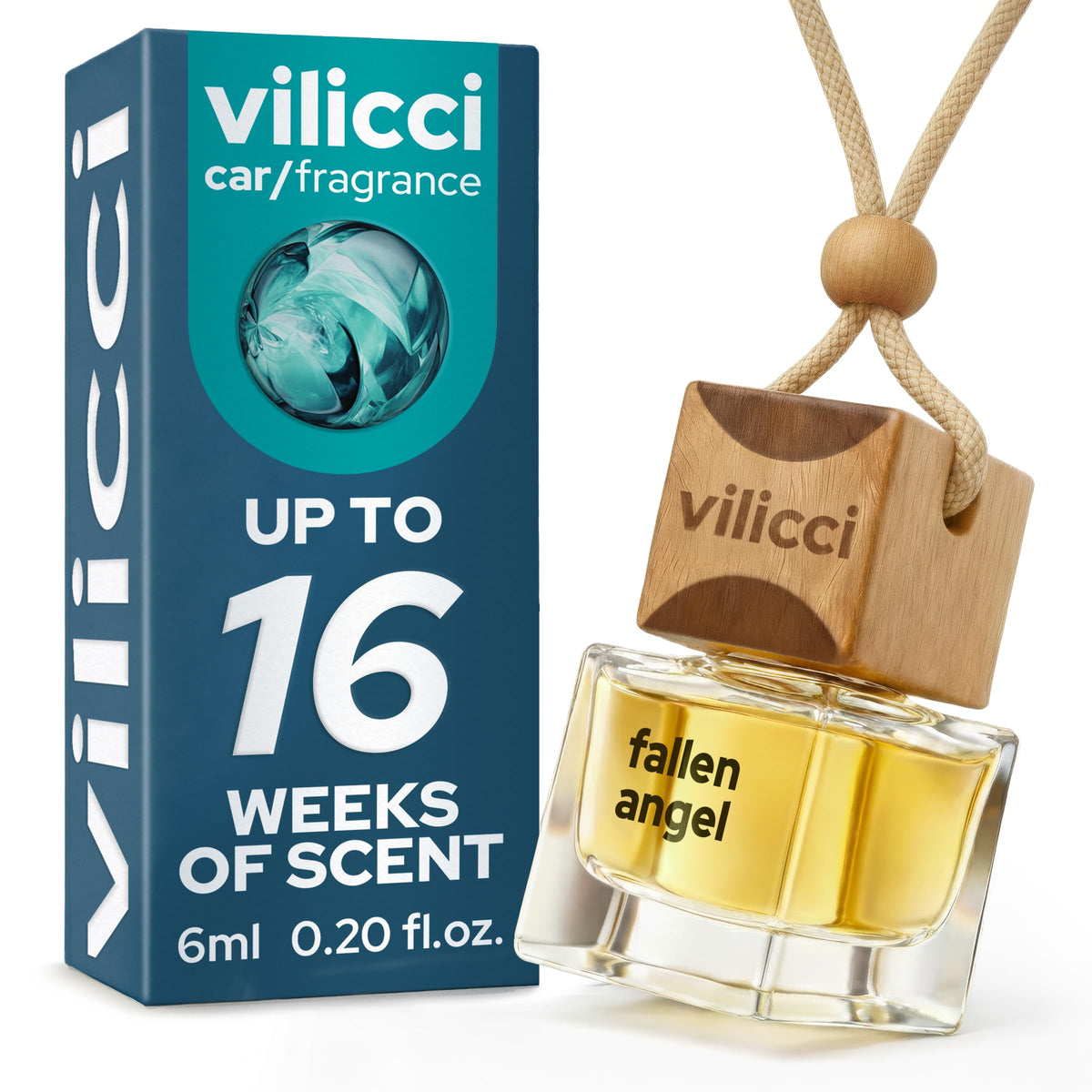 Vilicci Fallen Angel car air freshener with wood cap for a refined scent in your vehicle.