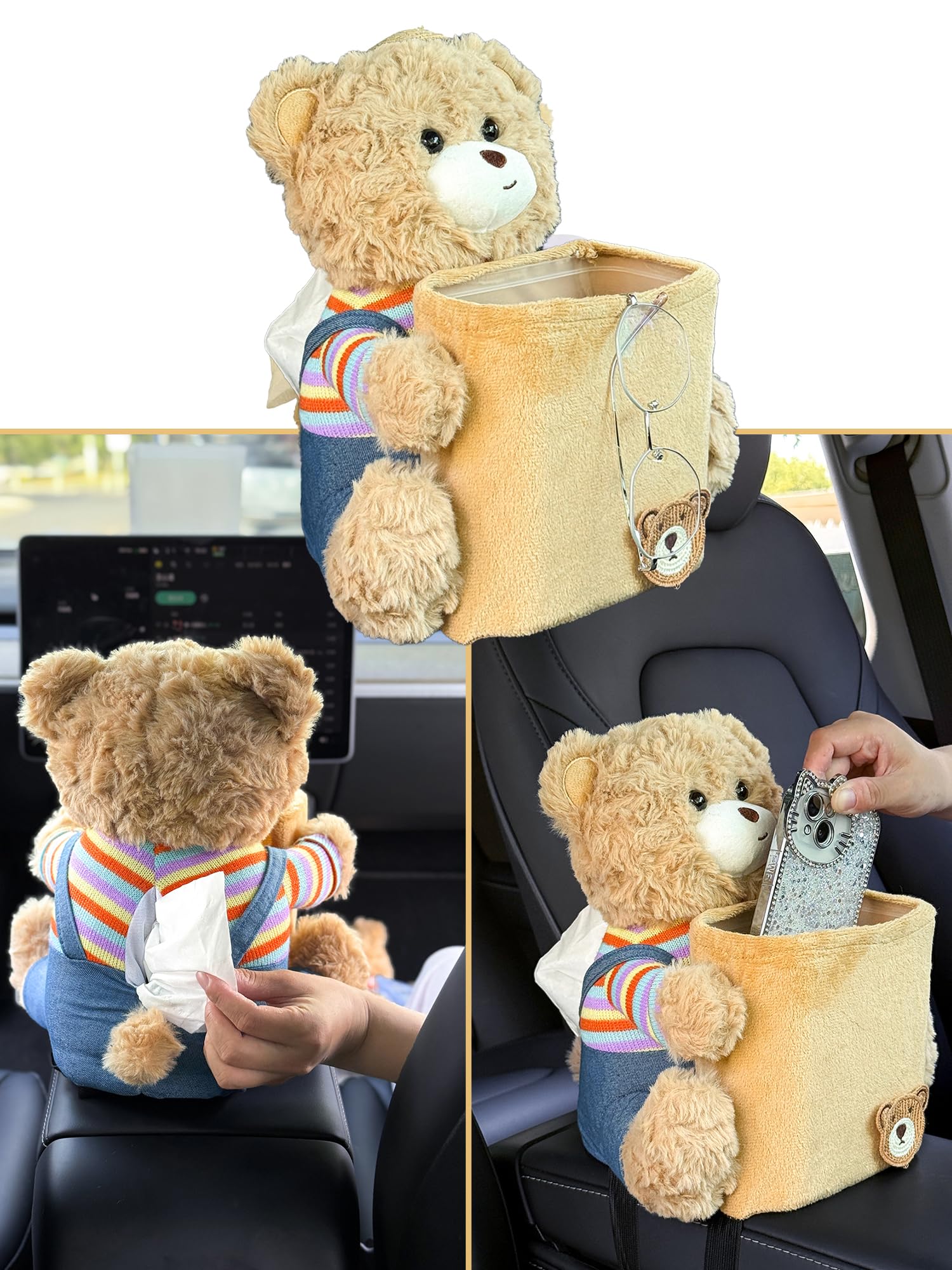VimoDemo teddy bear tissue box in car for easy organizing and cute decor.