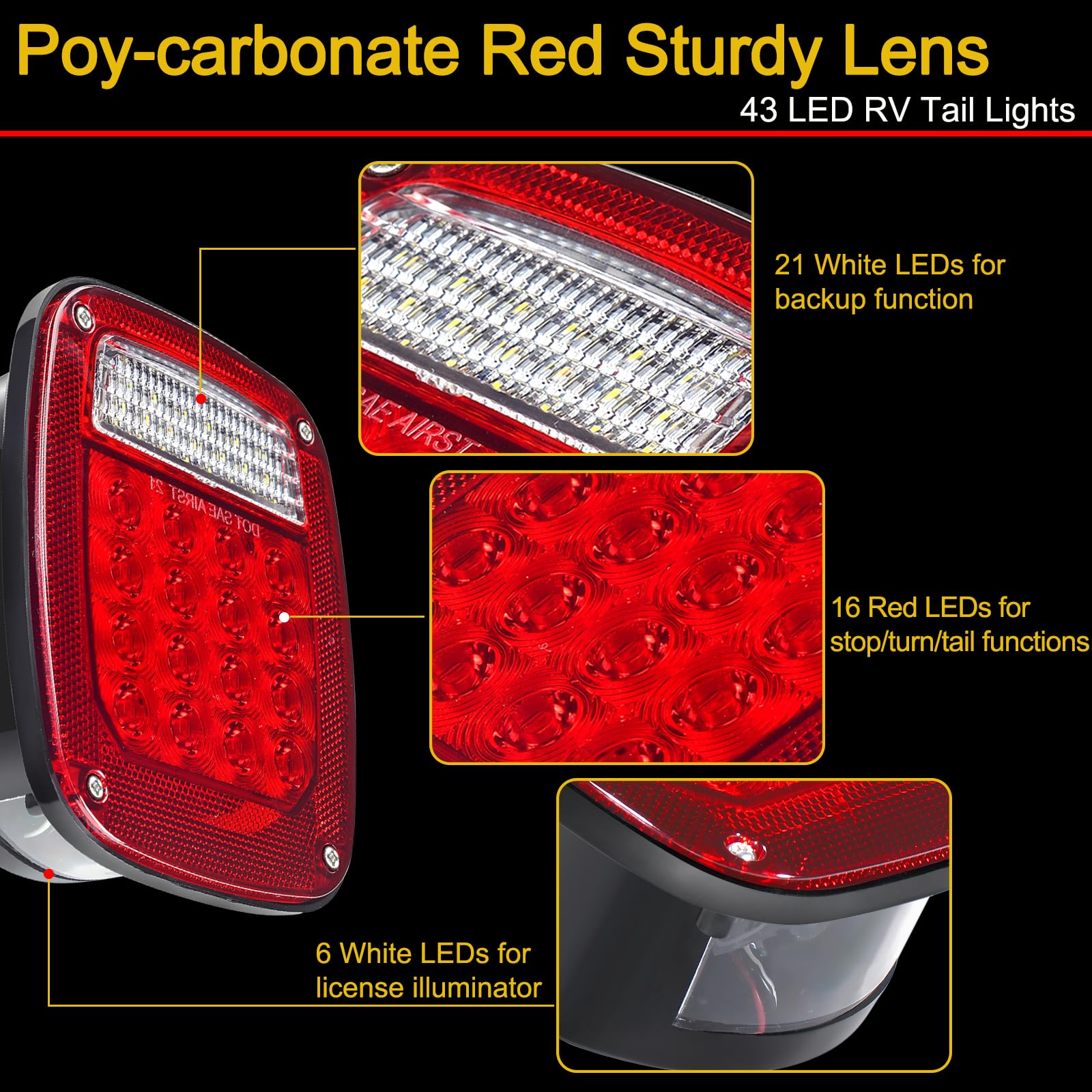 VINAUO RV tail lights stop/turn red LEDs with strong visibility.