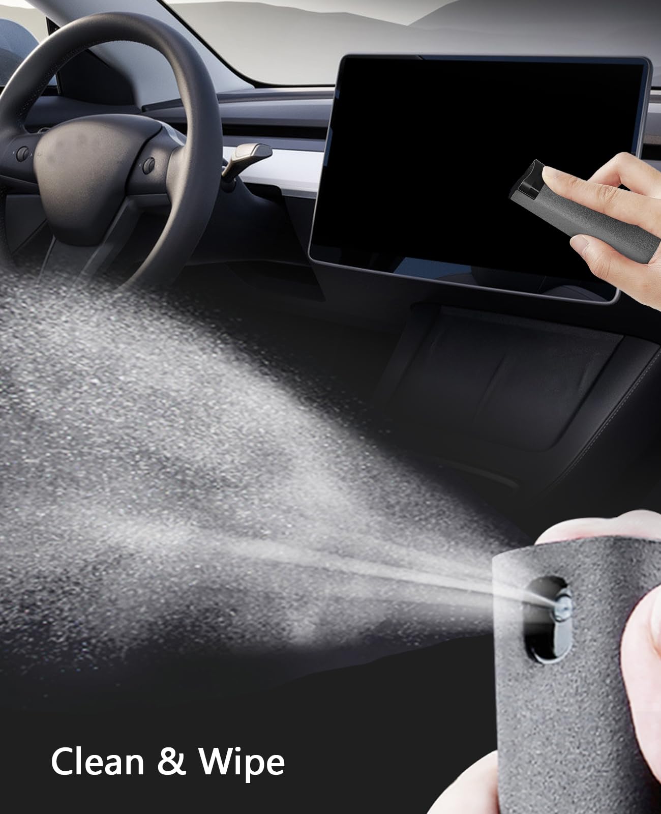 VINBYEE dashboard cleaner application showing gentle wipe on touchscreen area.