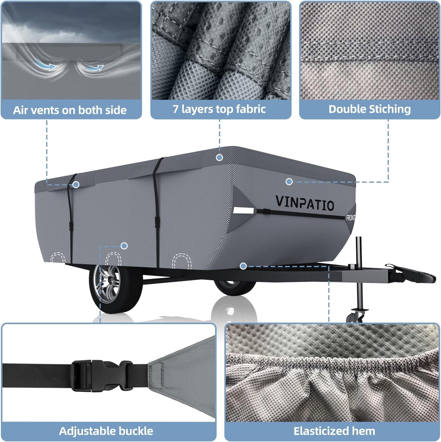 Four air vents on VINPATIO cover reduce wind stress and moisture buildup