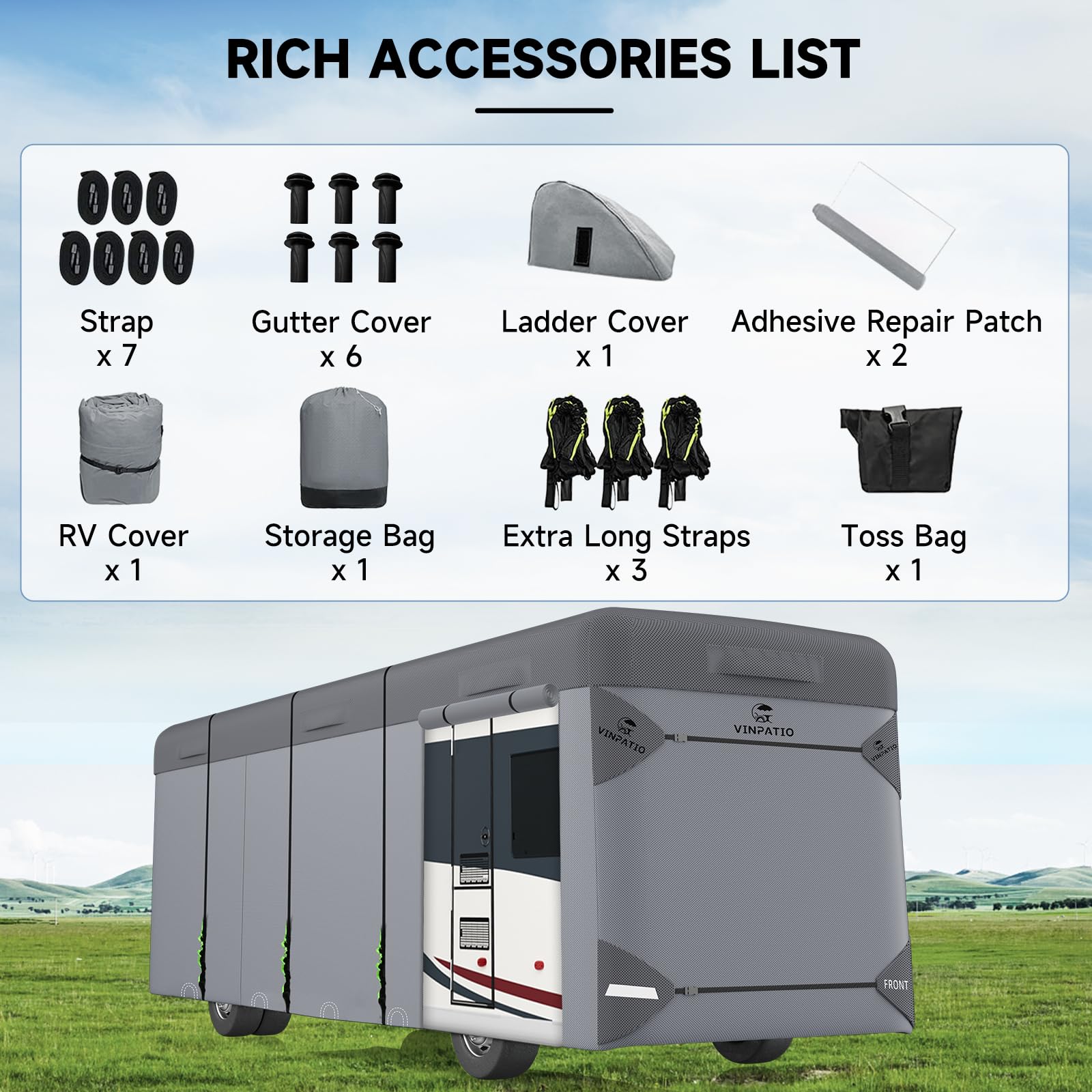 VINPATIO Class A RV Cover easy-access rollable doors for inspections.