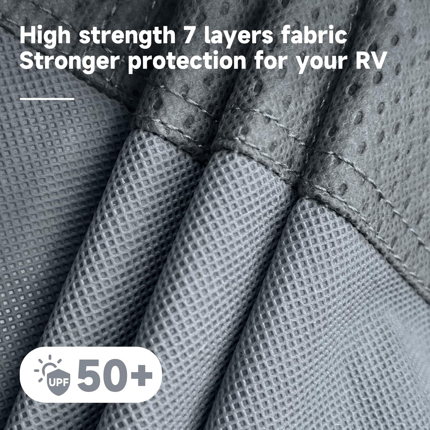VINPATIO Class A RV cover front with reflective strips enhances night visibility.