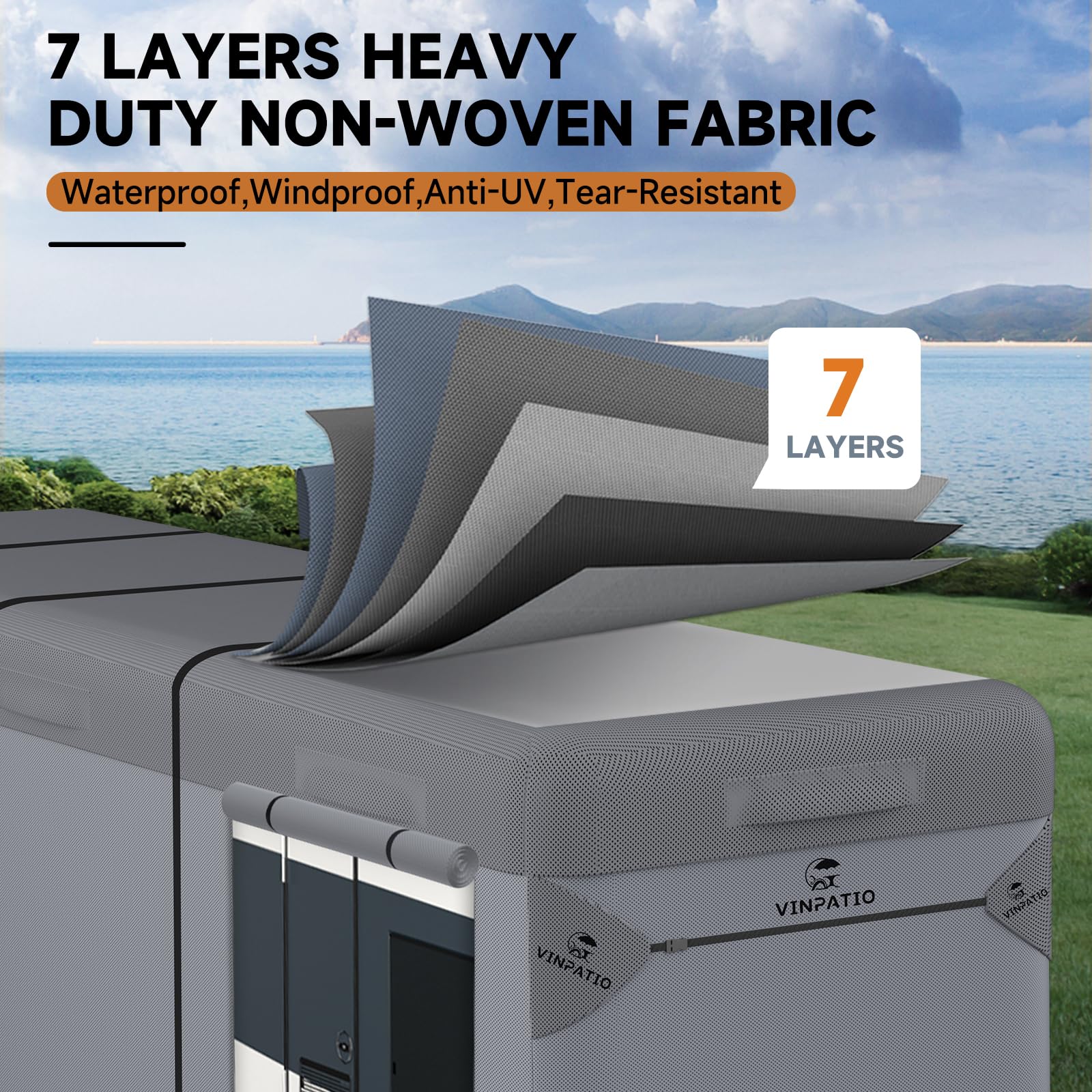 VINPATIO Class A RV Cover side profile demonstrates sleek fit against the motorhome.