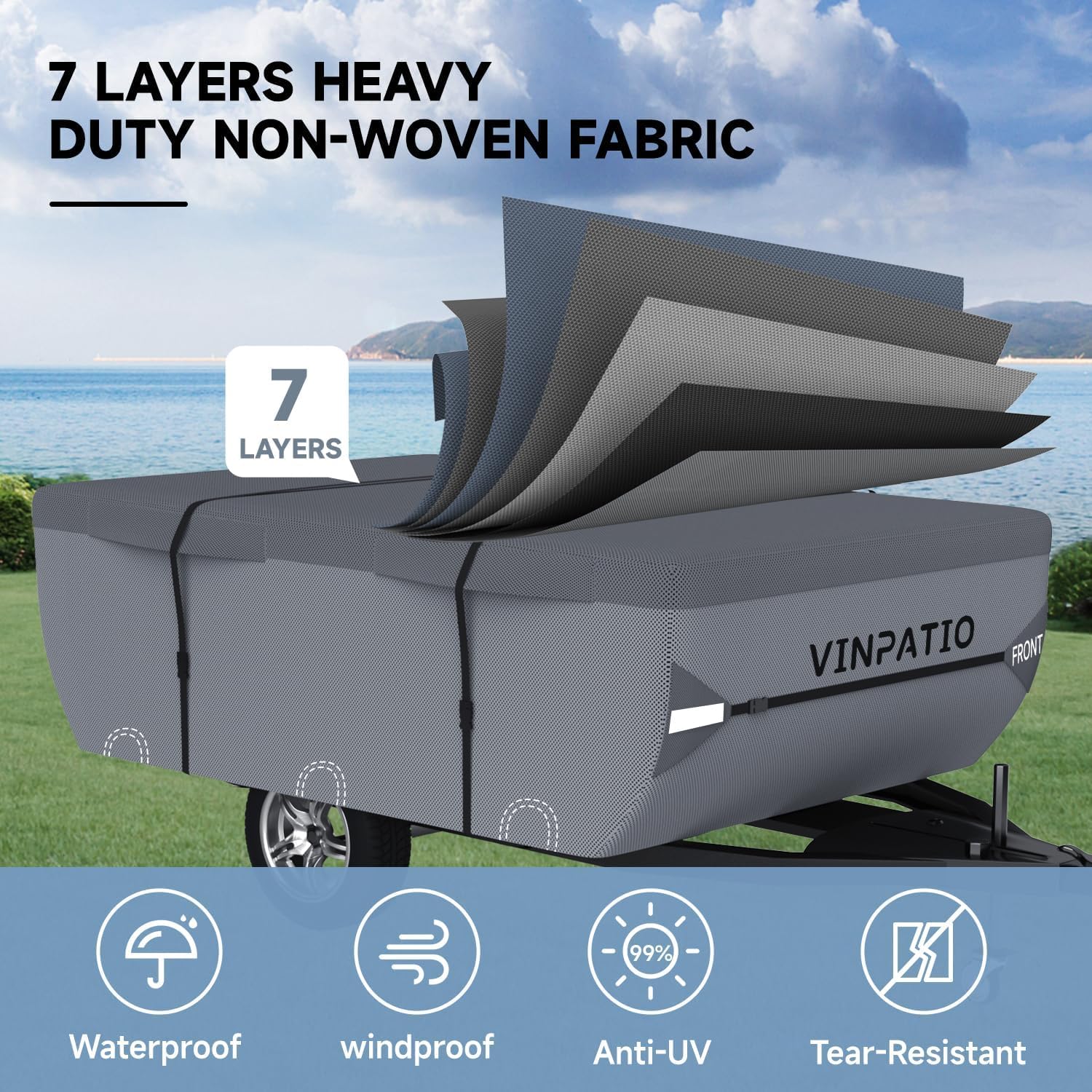 VINPATIO cover with windproof straps demonstrating secure fit during gusty conditions.