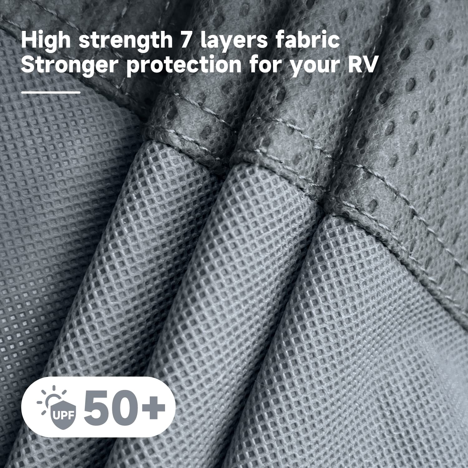 VINPATIO RV cover side-right view showing snug fit on 27-30 ft trailer