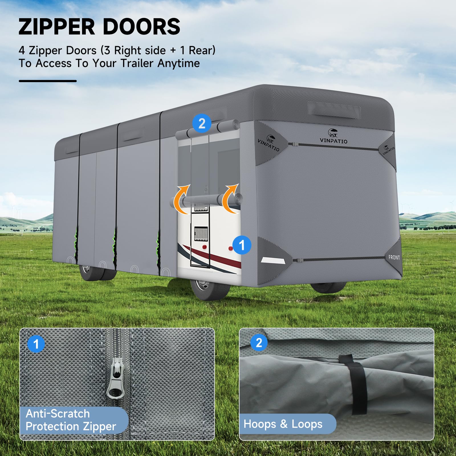 VINPATIO Class A RV Cover rollable doors enable easy access to doors and engine.