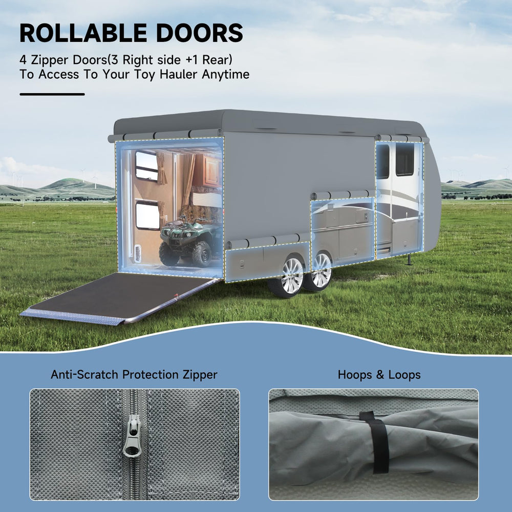 VINPATIO RV cover with windproof straps securing it during strong winds