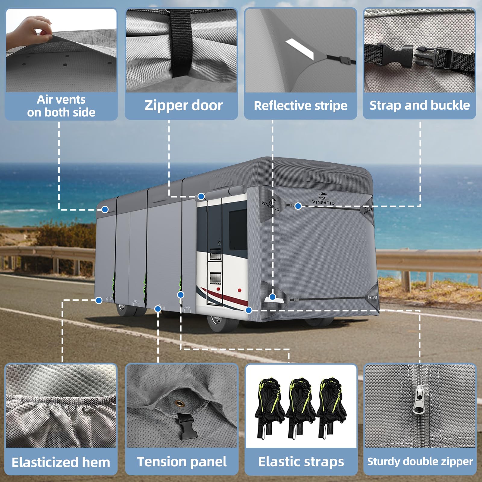 VINPATIO Class A RV Cover windproof straps secure the fit against gusts.